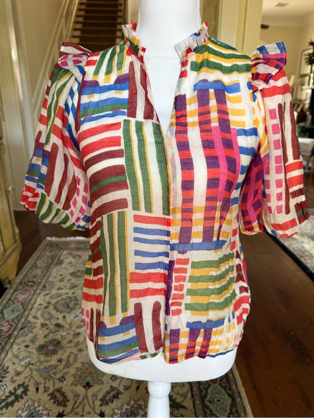 THML Multicolor Striped Ruffle-Neck Puff Sleeve Top